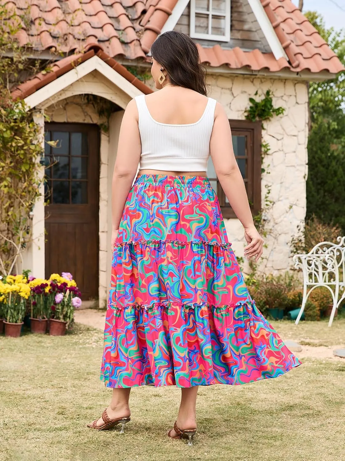 Womens Plus Size Boho Maxi Skirt Floral Tiered Long Flowy Maxi Skirt with Pockets High Waisted Summer Beach Skirt