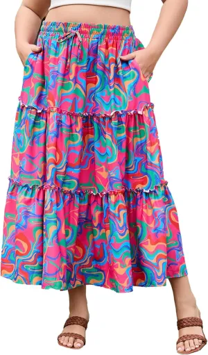 Womens Plus Size Boho Maxi Skirt Floral Tiered Long Flowy Maxi Skirt with Pockets High Waisted Summer Beach Skirt