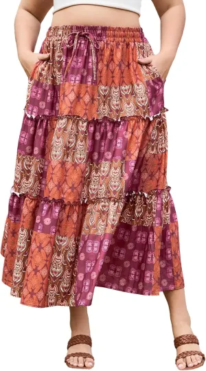 Womens Plus Size Boho Maxi Skirt Floral Tiered Long Flowy Maxi Skirt with Pockets High Waisted Summer Beach Skirt