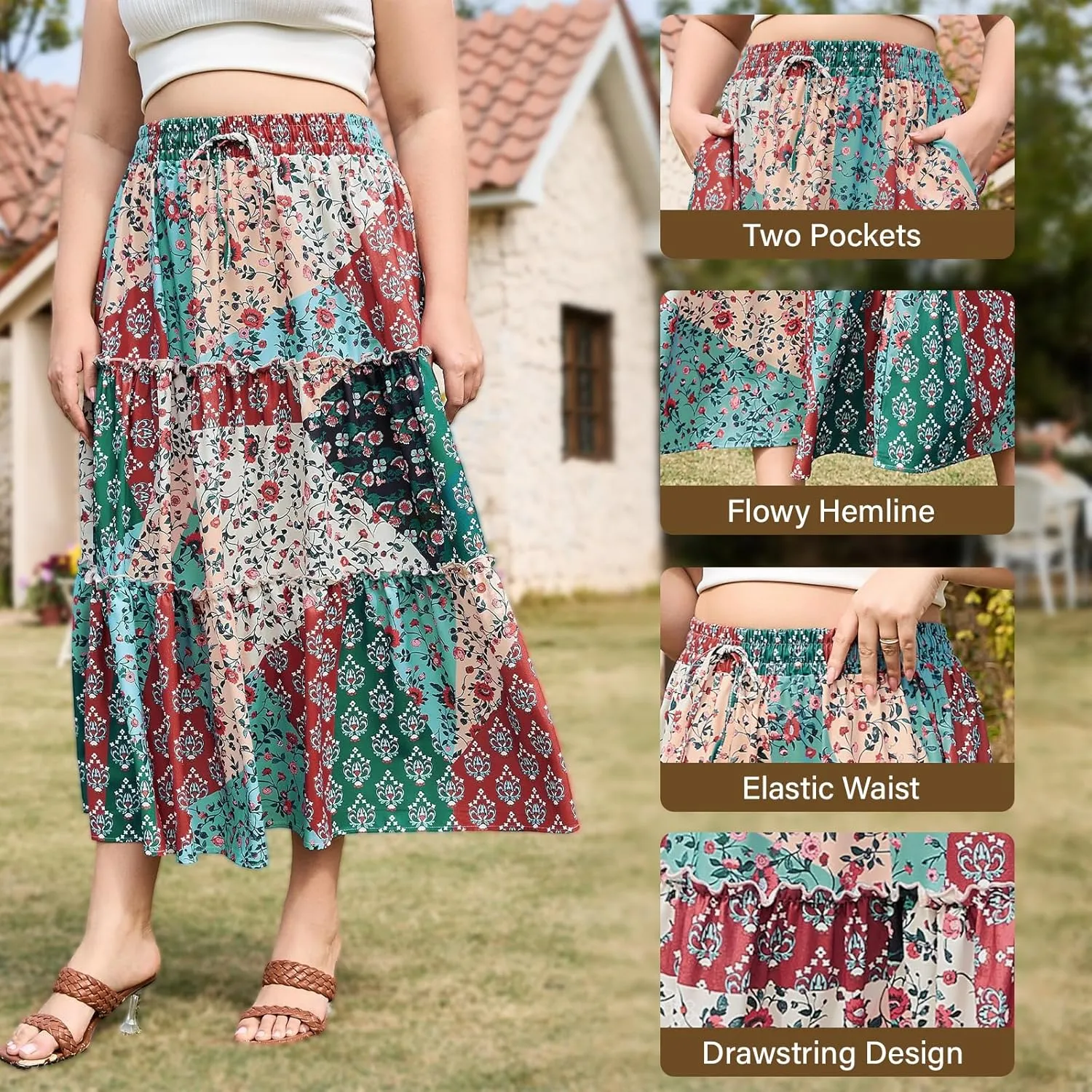 Womens Plus Size Boho Maxi Skirt Floral Tiered Long Flowy Maxi Skirt with Pockets High Waisted Summer Beach Skirt