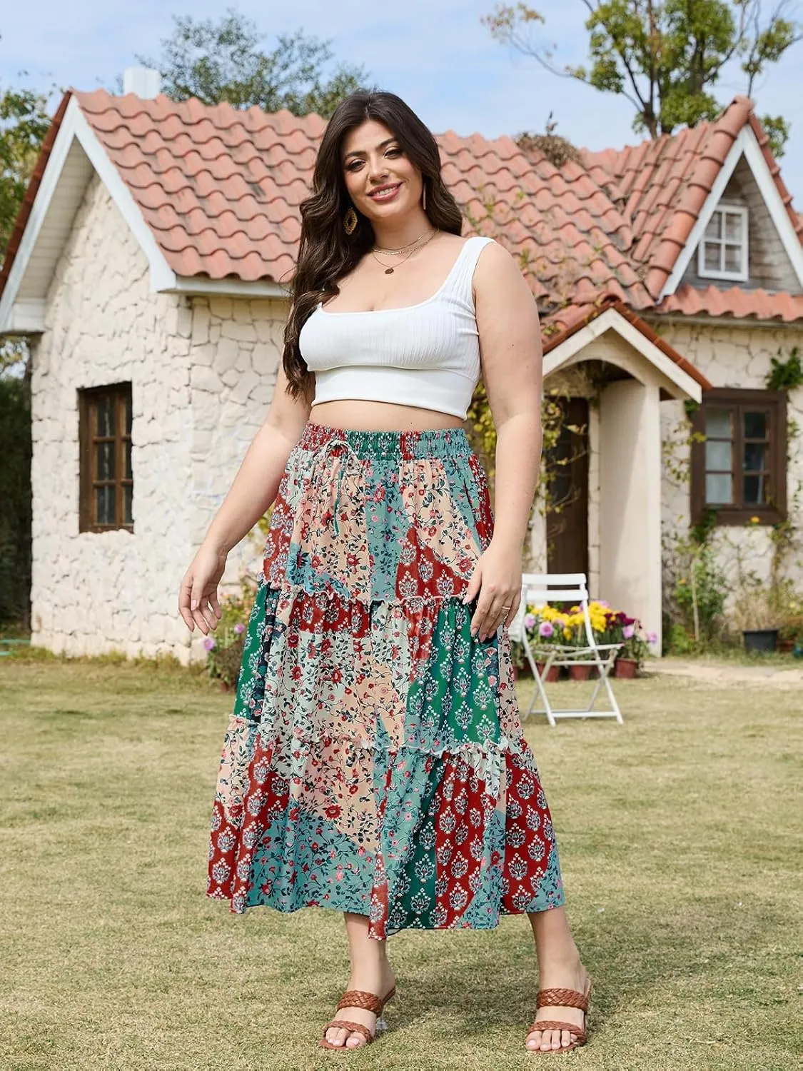Womens Plus Size Boho Maxi Skirt Floral Tiered Long Flowy Maxi Skirt with Pockets High Waisted Summer Beach Skirt