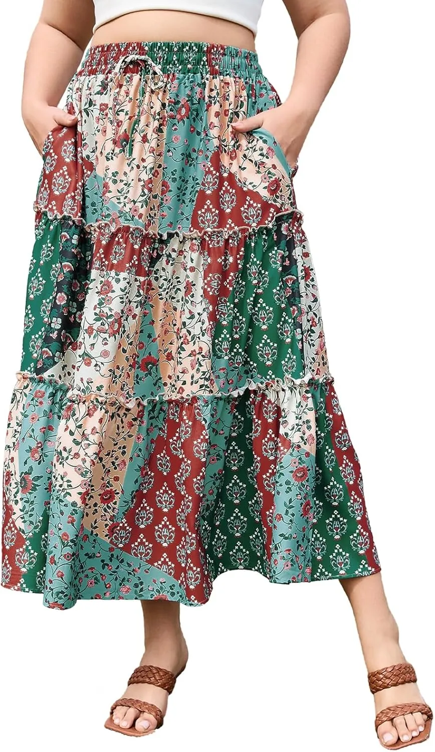 Womens Plus Size Boho Maxi Skirt Floral Tiered Long Flowy Maxi Skirt with Pockets High Waisted Summer Beach Skirt