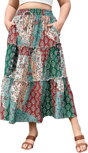 Womens Plus Size Boho Maxi Skirt Floral Tiered Long Flowy Maxi Skirt with Pockets High Waisted Summer Beach Skirt