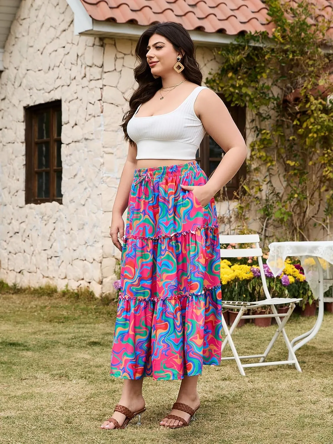 Womens Plus Size Boho Maxi Skirt Floral Tiered Long Flowy Maxi Skirt with Pockets High Waisted Summer Beach Skirt