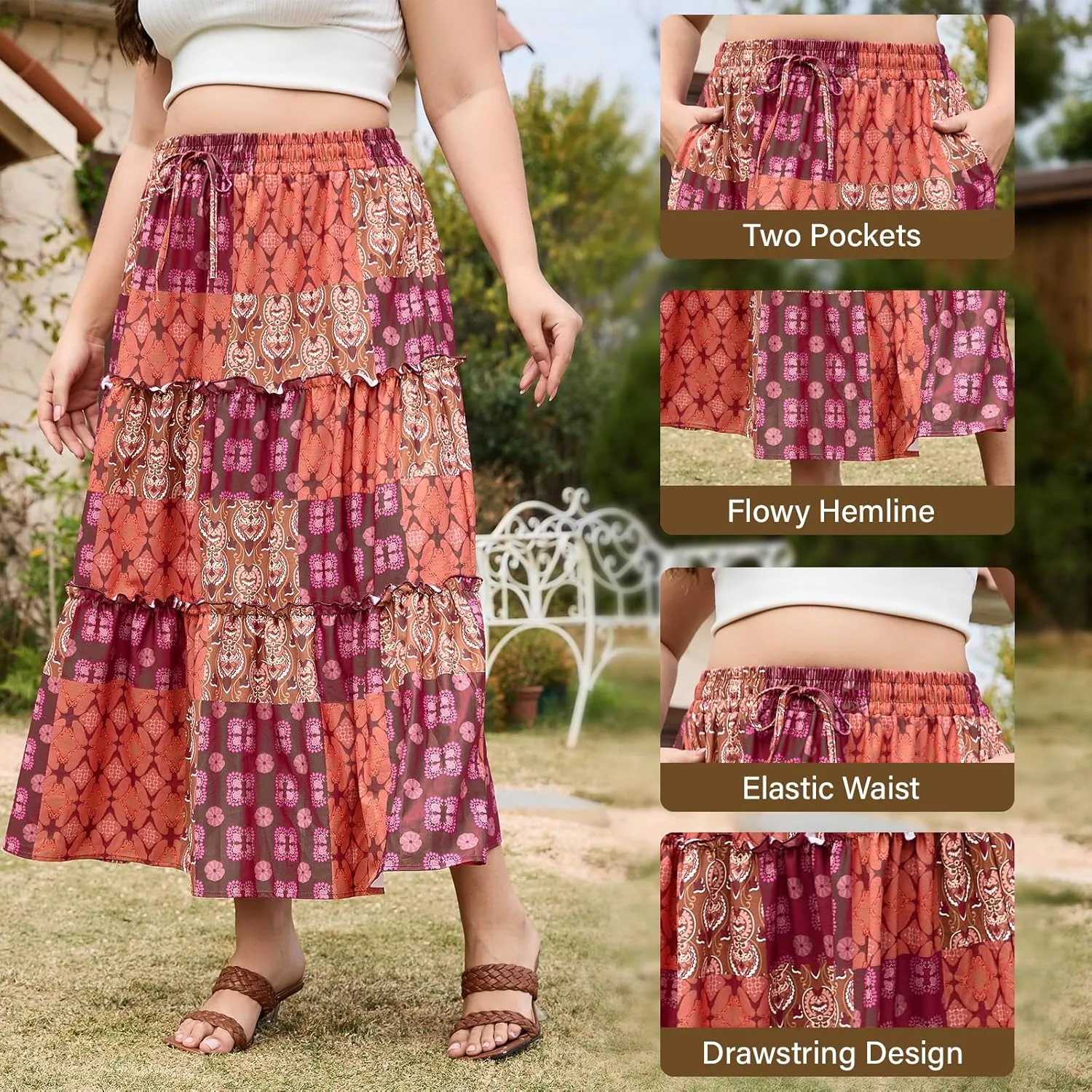 Womens Plus Size Boho Maxi Skirt Floral Tiered Long Flowy Maxi Skirt with Pockets High Waisted Summer Beach Skirt