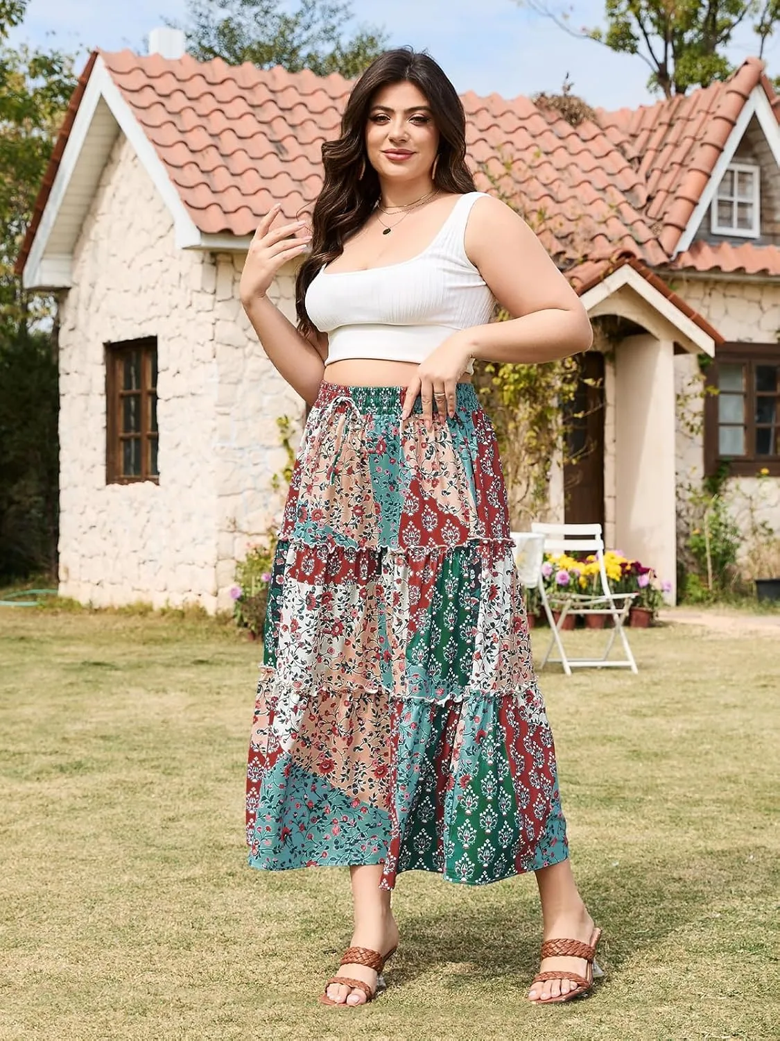 Womens Plus Size Boho Maxi Skirt Floral Tiered Long Flowy Maxi Skirt with Pockets High Waisted Summer Beach Skirt