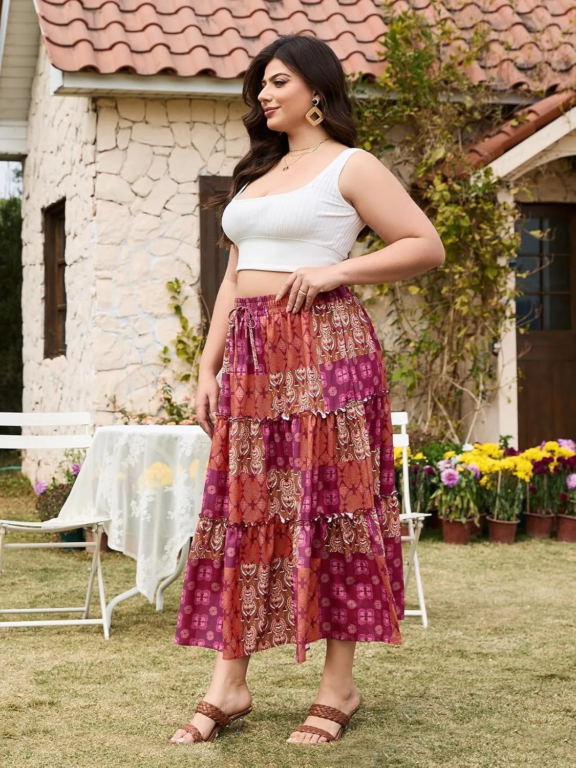 Womens Plus Size Boho Maxi Skirt Floral Tiered Long Flowy Maxi Skirt with Pockets High Waisted Summer Beach Skirt