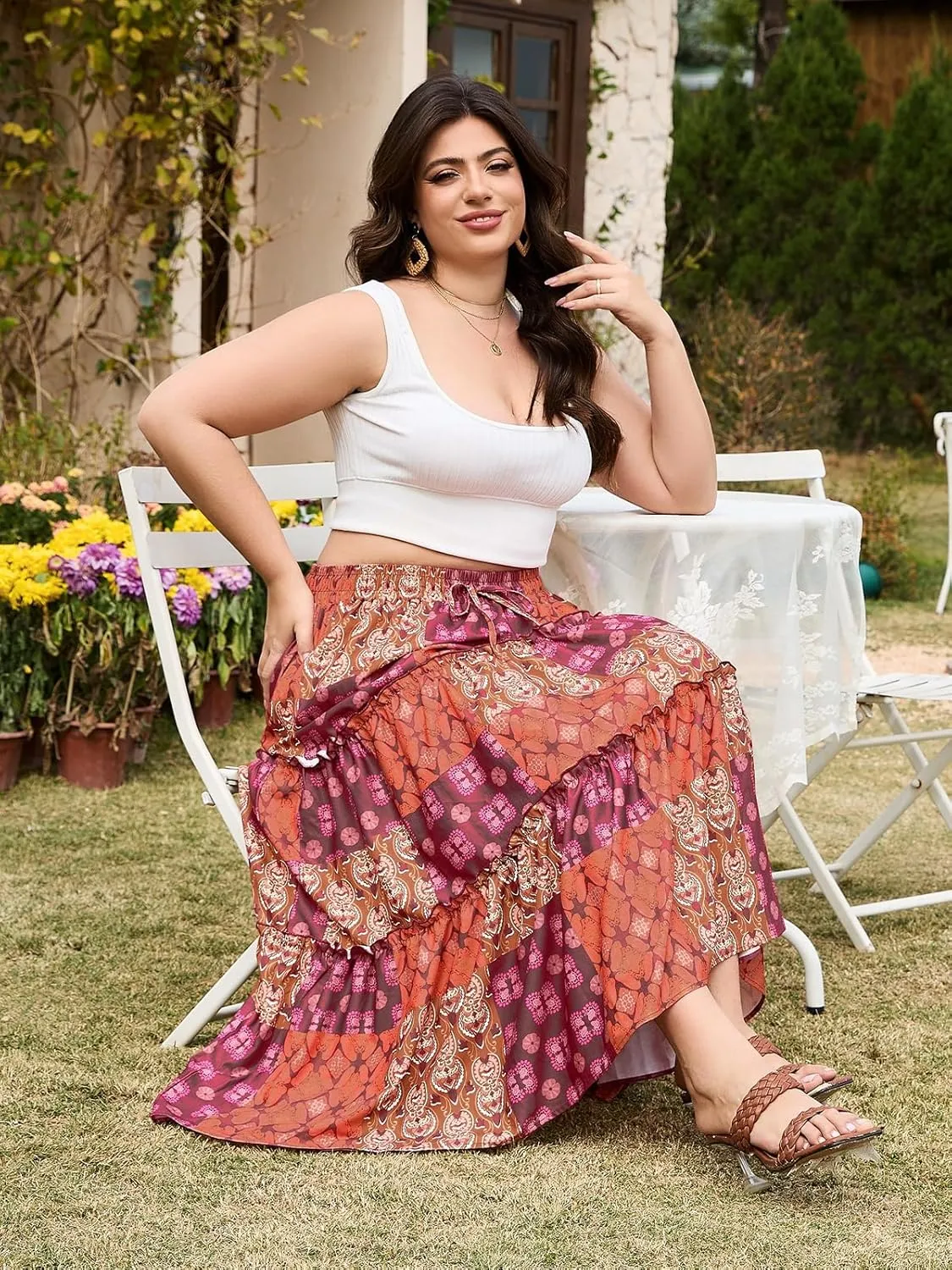 Womens Plus Size Boho Maxi Skirt Floral Tiered Long Flowy Maxi Skirt with Pockets High Waisted Summer Beach Skirt
