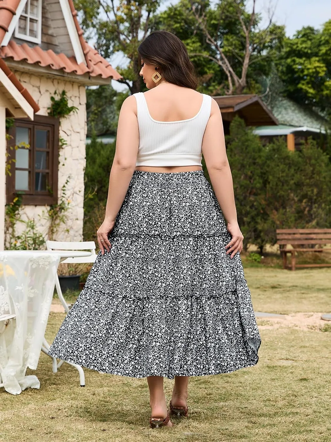 Womens Plus Size Boho Maxi Skirt Floral Tiered Long Flowy Maxi Skirt with Pockets High Waisted Summer Beach Skirt