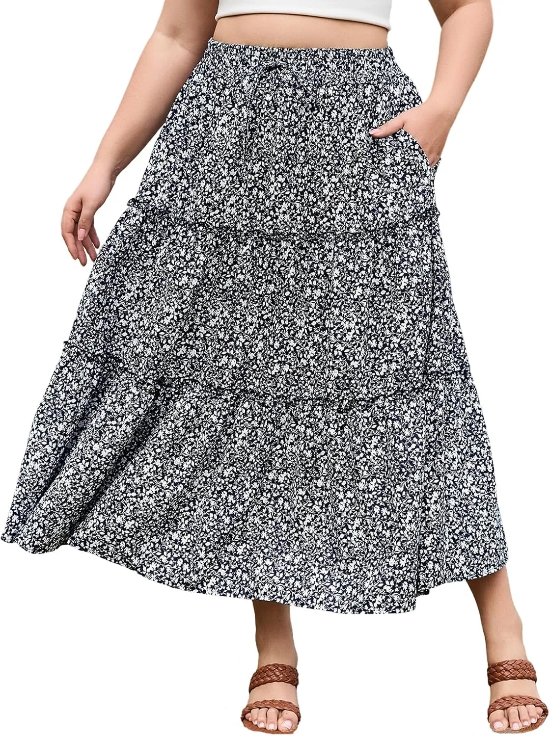 Womens Plus Size Boho Maxi Skirt Floral Tiered Long Flowy Maxi Skirt with Pockets High Waisted Summer Beach Skirt