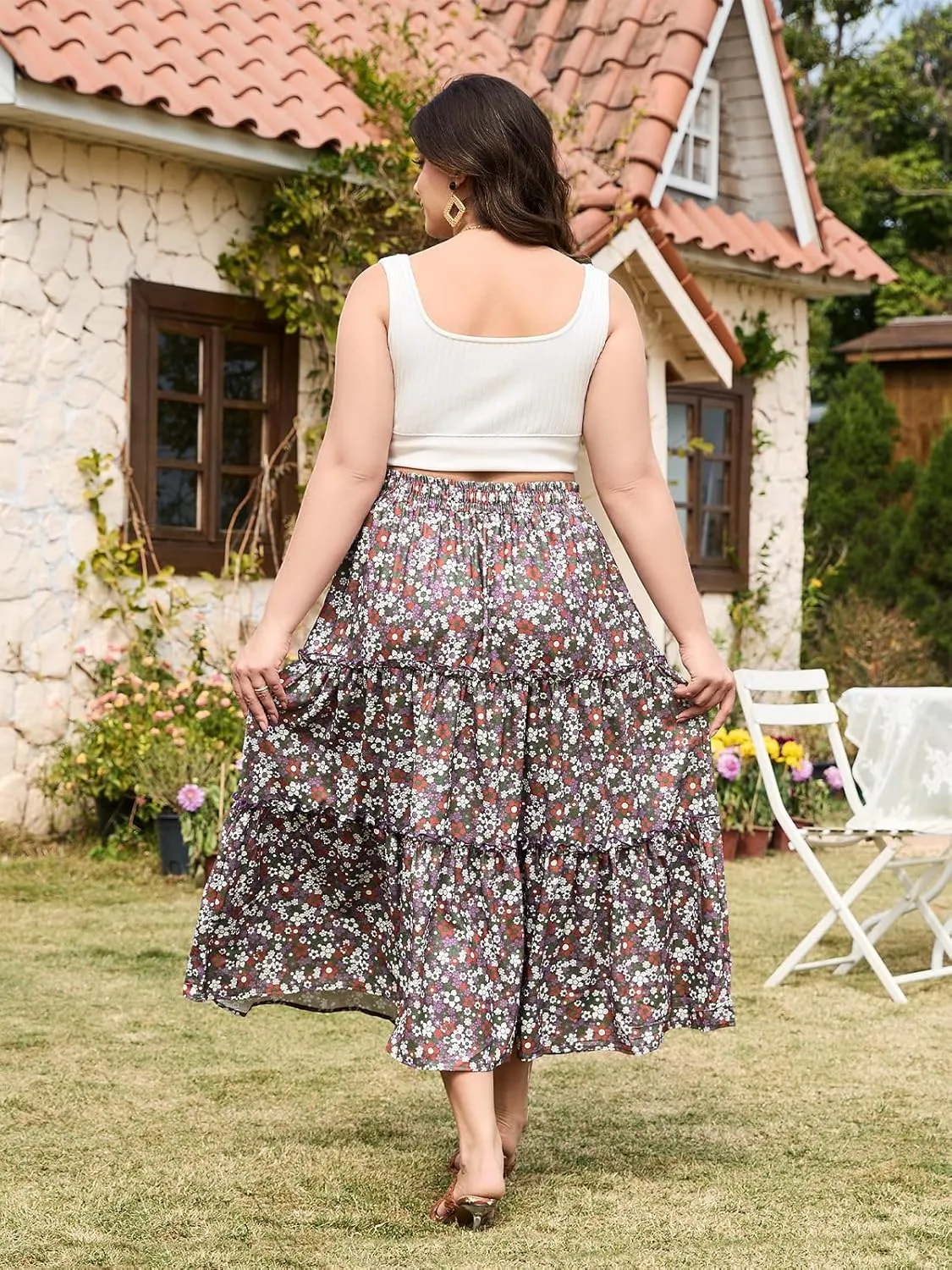 Womens Plus Size Boho Maxi Skirt Floral Tiered Long Flowy Maxi Skirt with Pockets High Waisted Summer Beach Skirt