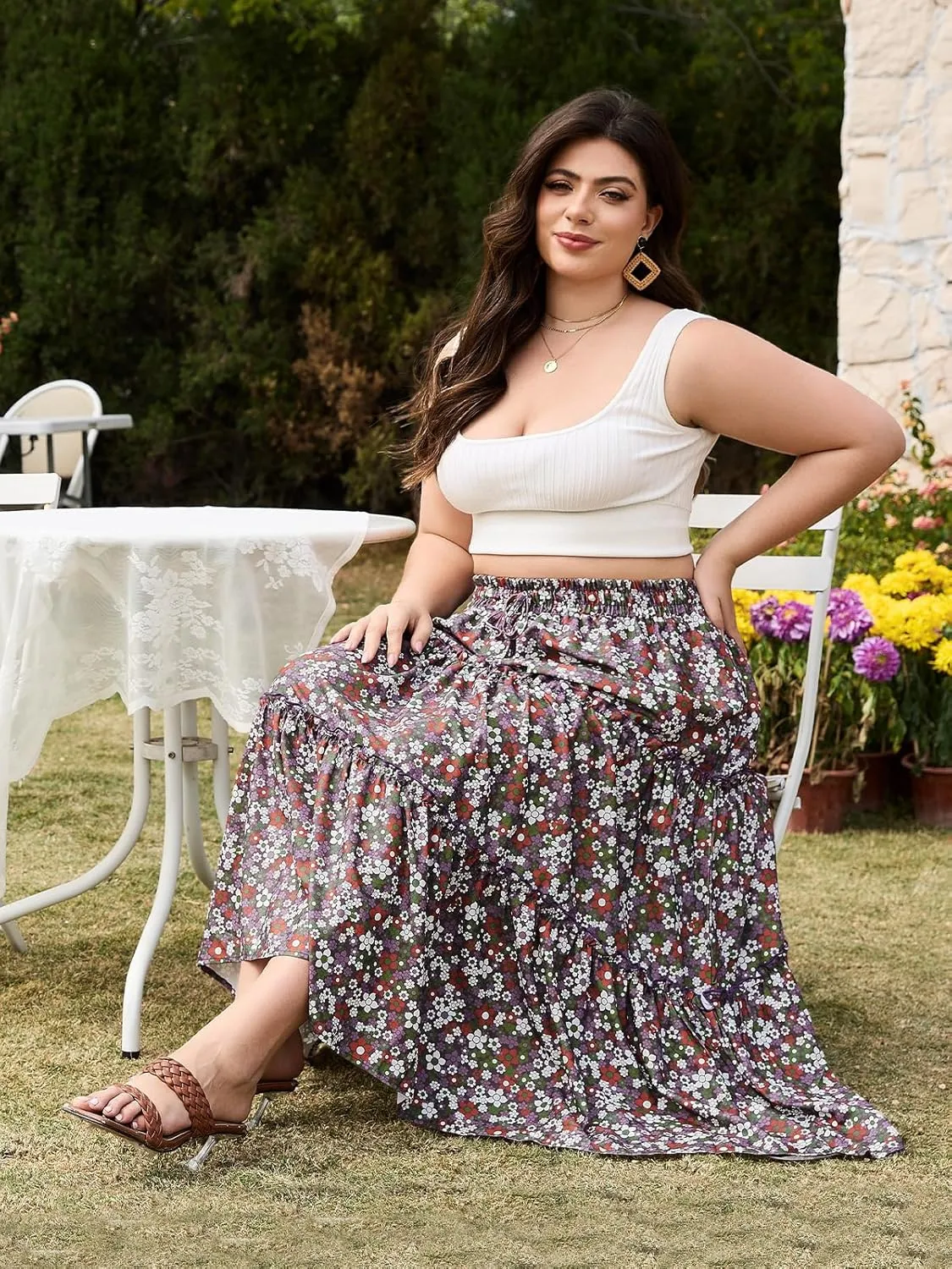 Womens Plus Size Boho Maxi Skirt Floral Tiered Long Flowy Maxi Skirt with Pockets High Waisted Summer Beach Skirt