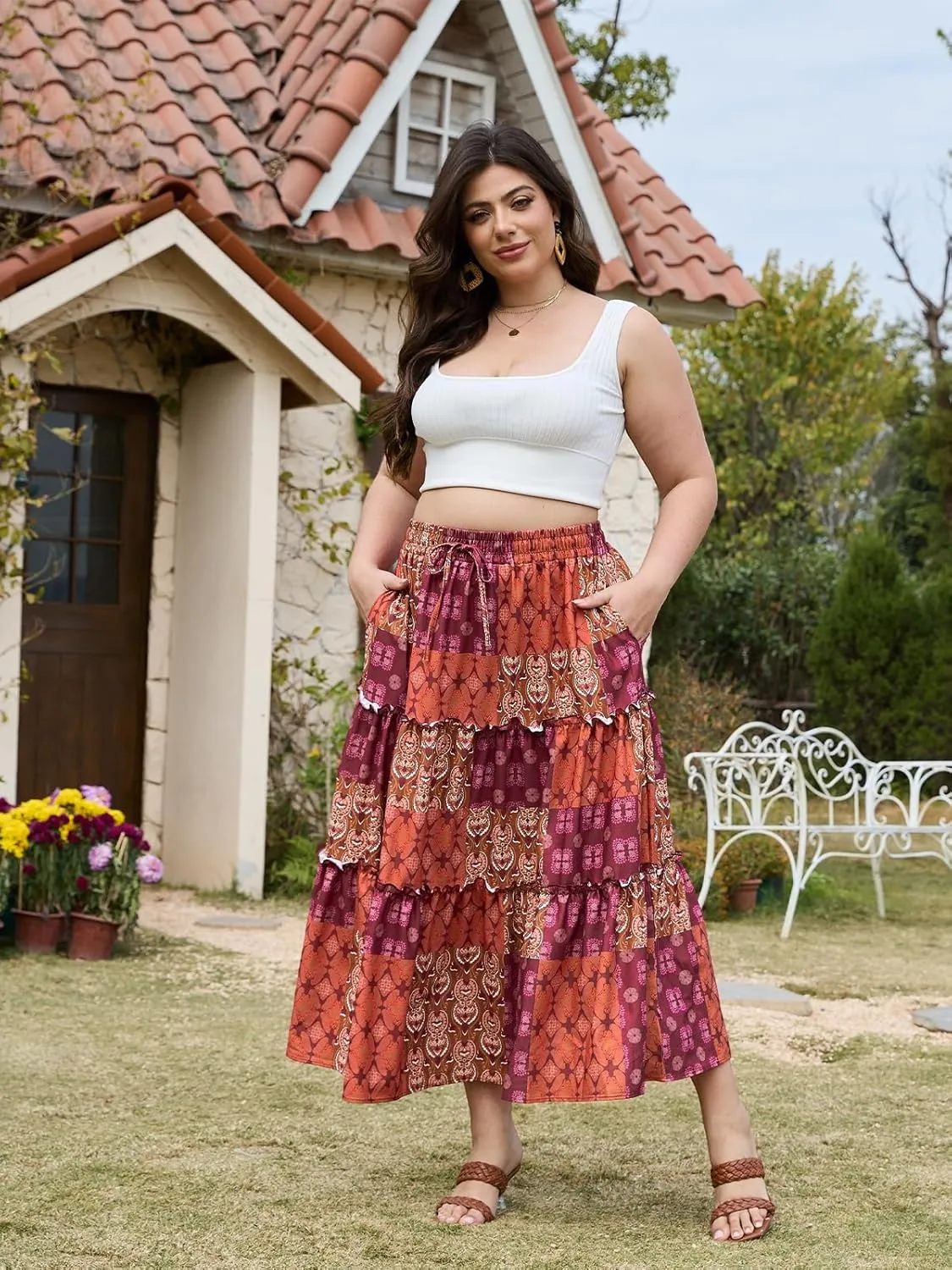 Womens Plus Size Boho Maxi Skirt Floral Tiered Long Flowy Maxi Skirt with Pockets High Waisted Summer Beach Skirt