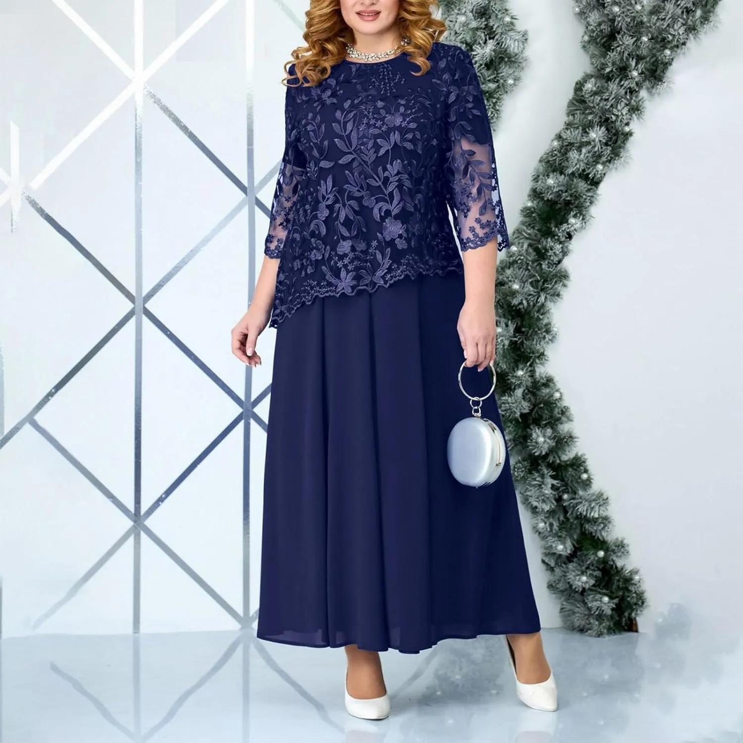 Women's Plus Size Lace Dress 2 Piece Outfit Elegant Mother of The Bride Dresses Evening Party Gown