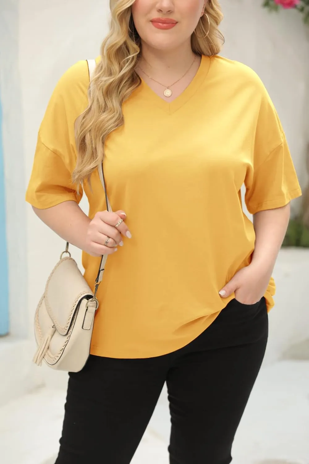Women's Plus Size V Neck T Shirts Summer Half Sleeve Tees Casual Loose Fit Cotton Tunic Tops
