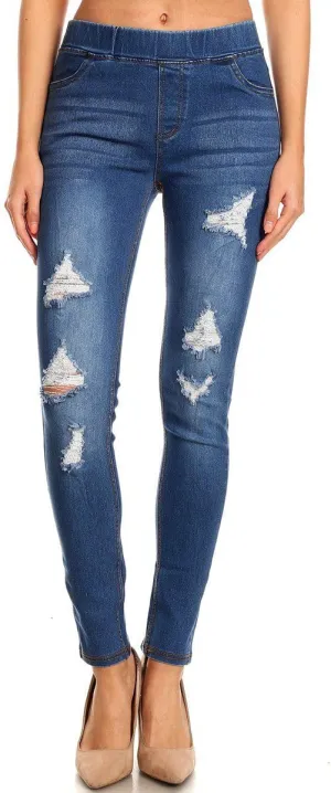 Women's Ripped Destroyed Skinny Jeans & Jeggings Pull-On Elastic Waist Stretch Denim Pants Regular-Plus Size