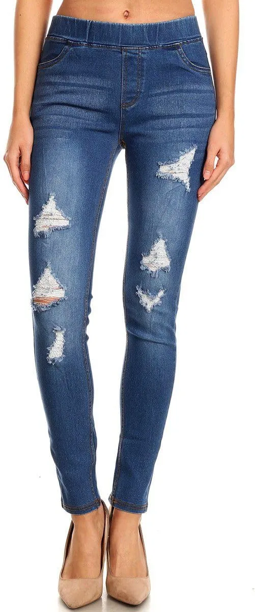 Women's Ripped Destroyed Skinny Jeans & Jeggings Pull-On Elastic Waist Stretch Denim Pants Regular-Plus Size