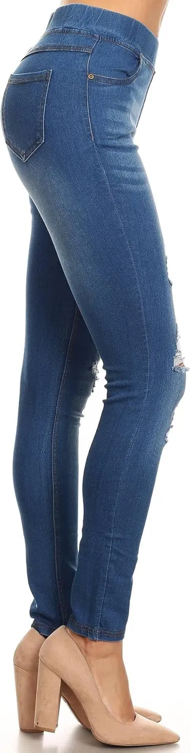 Women's Ripped Destroyed Skinny Jeans & Jeggings Pull-On Elastic Waist Stretch Denim Pants Regular-Plus Size