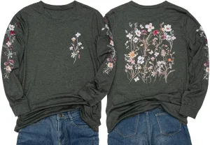 Women's Sleeve Print Flowers T-Shirt Casual Long Sleeve Boho Wildflowers Vintage Botanical Floral Nature Tees Tops