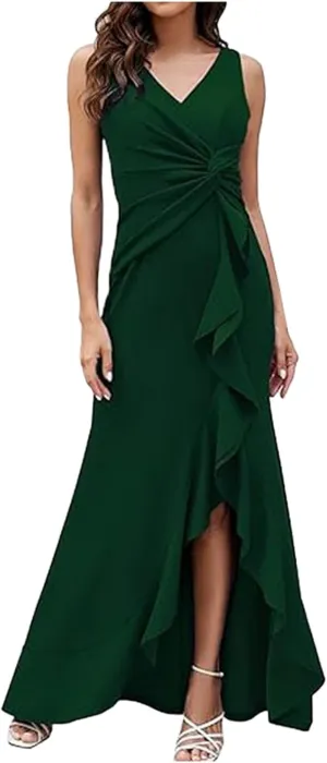 Women's Sleeveless Wedding Guest Dresses 2025 Summer Trendy Elegant Ruched Ruffle Slit Maxi Long Flowy Sundress