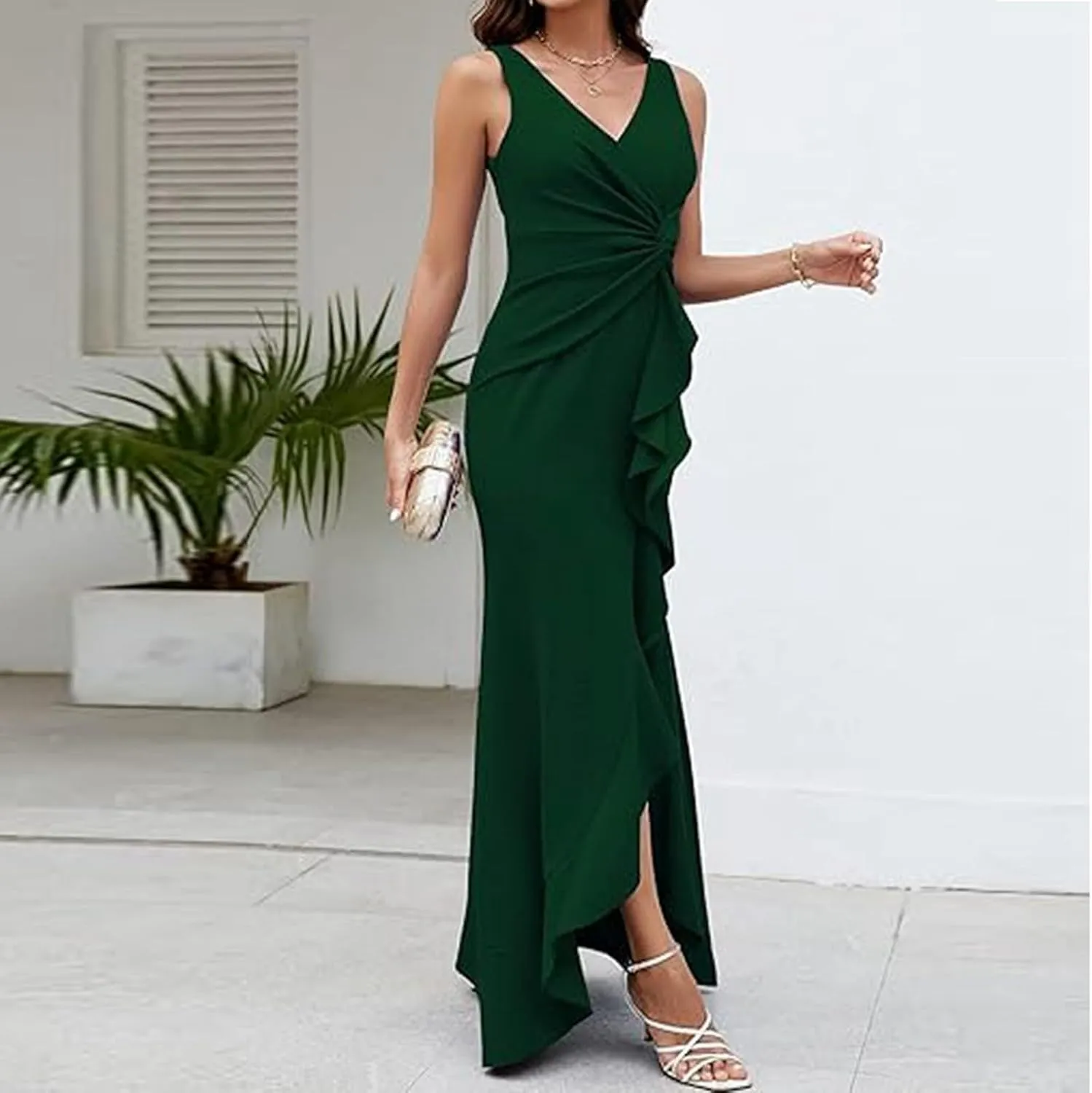 Women's Sleeveless Wedding Guest Dresses 2025 Summer Trendy Elegant Ruched Ruffle Slit Maxi Long Flowy Sundress