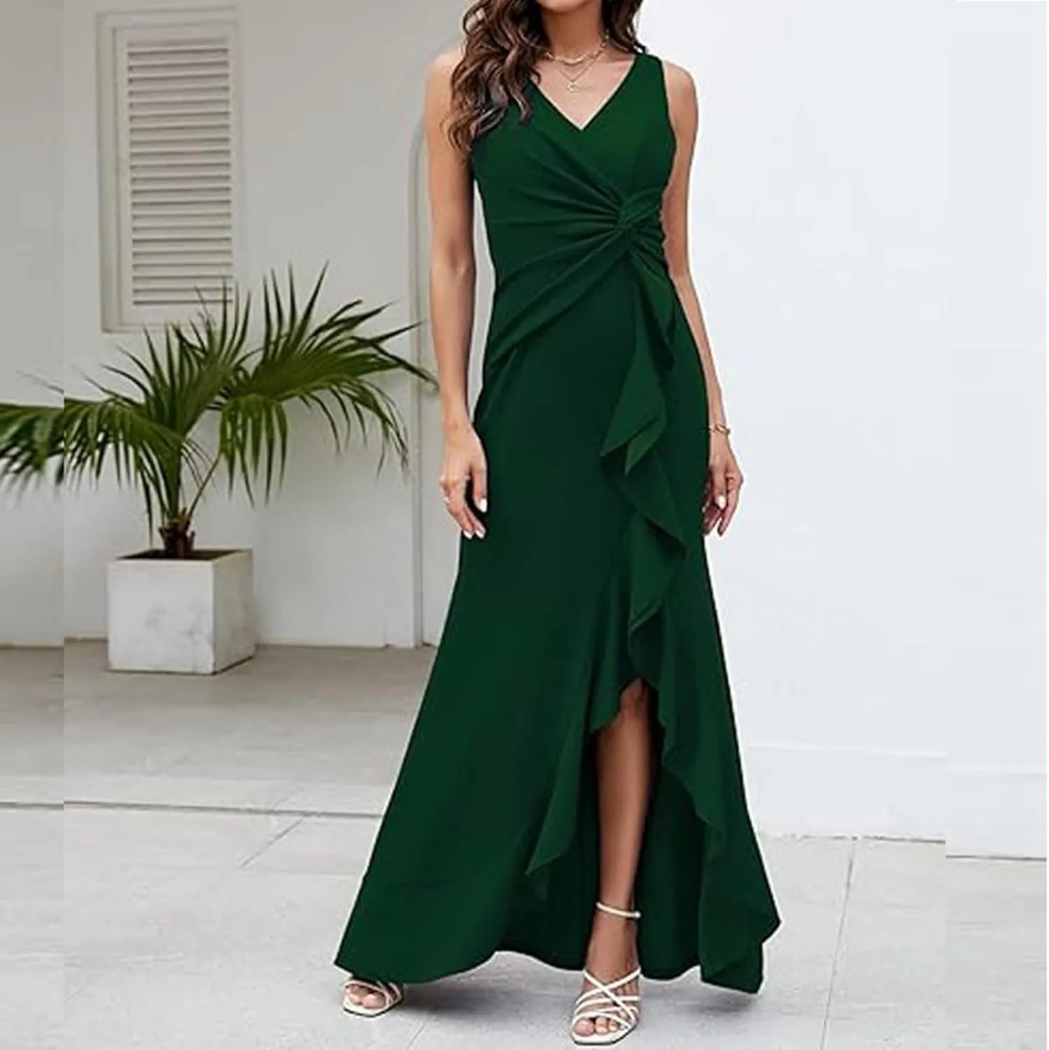 Women's Sleeveless Wedding Guest Dresses 2025 Summer Trendy Elegant Ruched Ruffle Slit Maxi Long Flowy Sundress