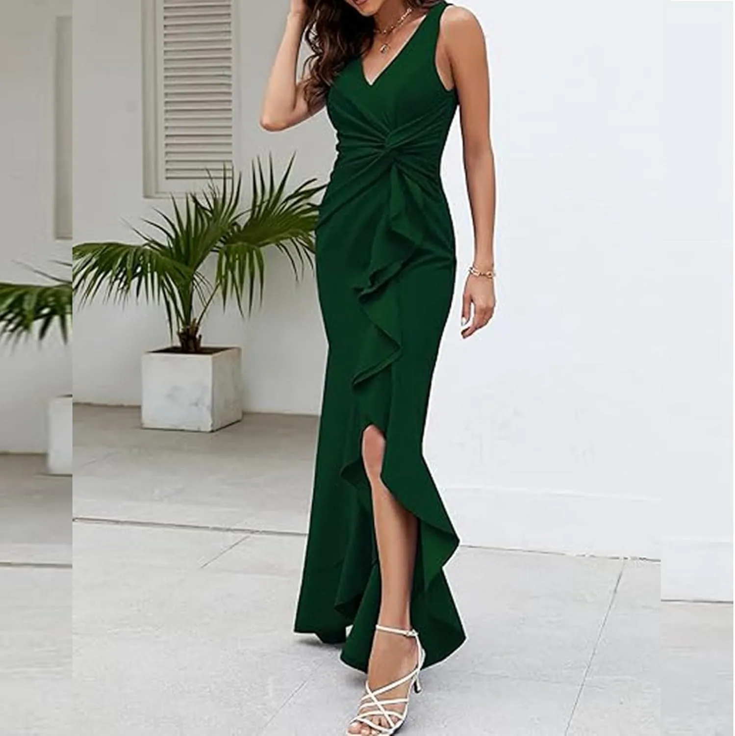 Women's Sleeveless Wedding Guest Dresses 2025 Summer Trendy Elegant Ruched Ruffle Slit Maxi Long Flowy Sundress