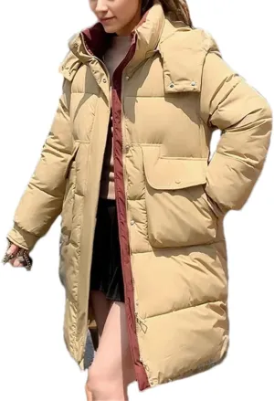 Women's Splicing Zipper Button Long Parka Coat Classic Hooded Pockets Cotton-Padded Jacket