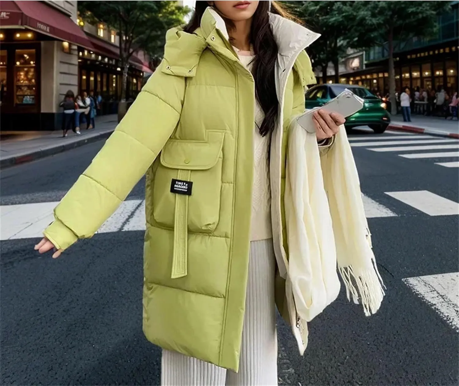 Women's Splicing Zipper Button Long Parka Coat Classic Hooded Pockets Cotton-Padded Jacket