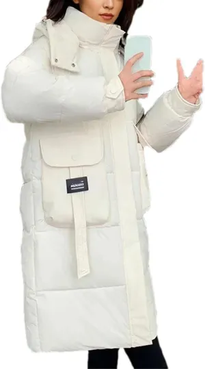 Women's Splicing Zipper Button Long Parka Coat Classic Hooded Pockets Cotton-Padded Jacket