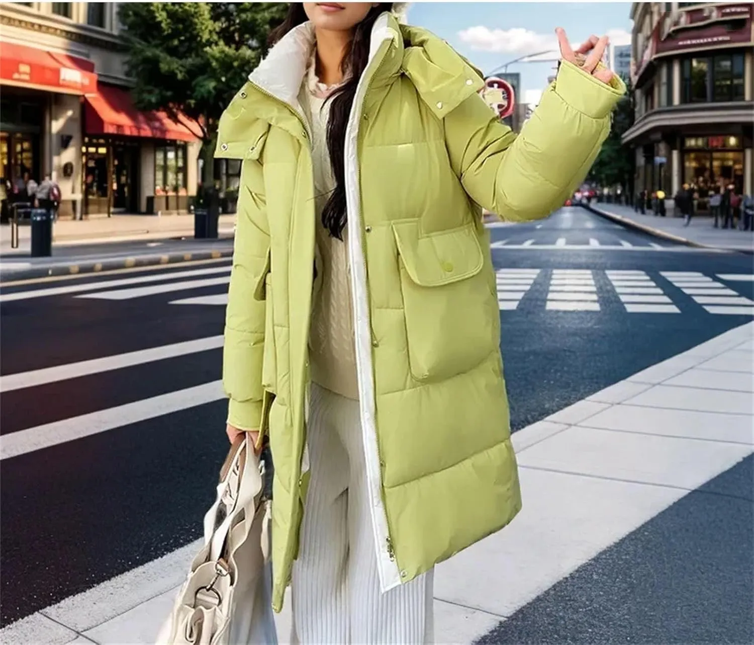 Women's Splicing Zipper Button Long Parka Coat Classic Hooded Pockets Cotton-Padded Jacket