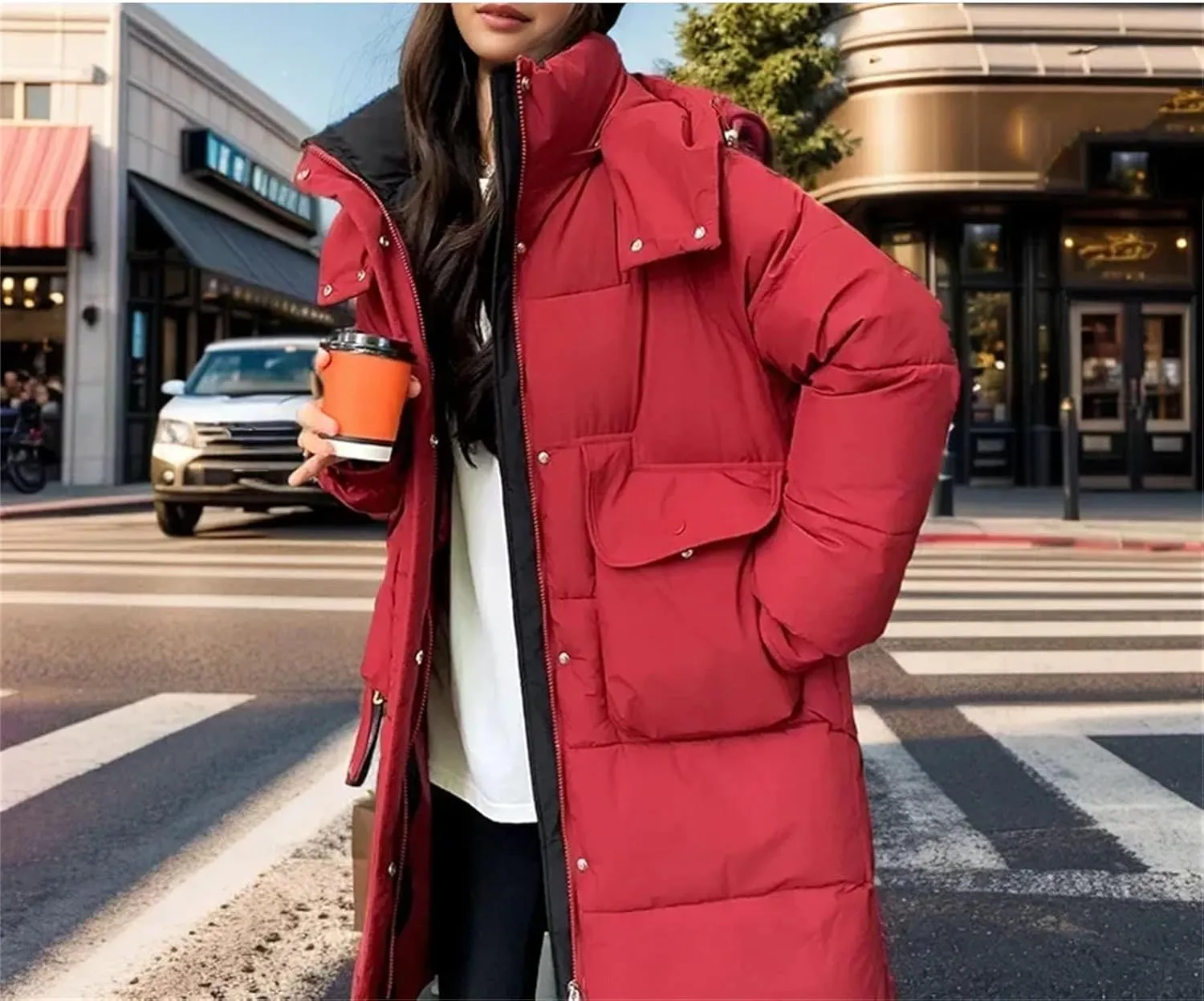 Women's Splicing Zipper Button Long Parka Coat Classic Hooded Pockets Cotton-Padded Jacket