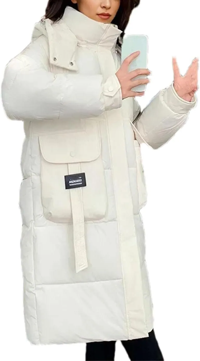 Women's Splicing Zipper Button Long Parka Coat Classic Hooded Pockets Cotton-Padded Jacket