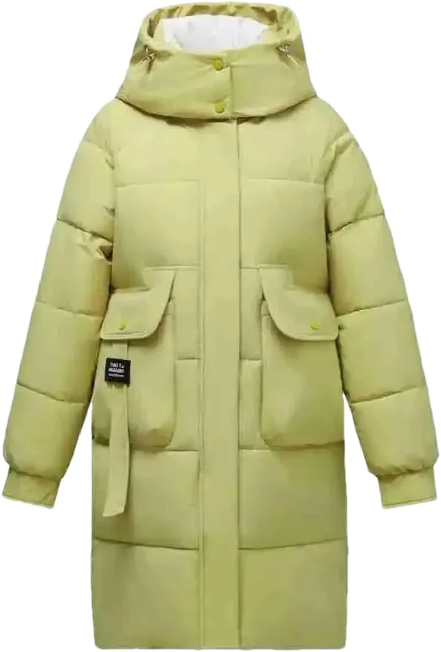 Women's Splicing Zipper Button Long Parka Coat Classic Hooded Pockets Cotton-Padded Jacket