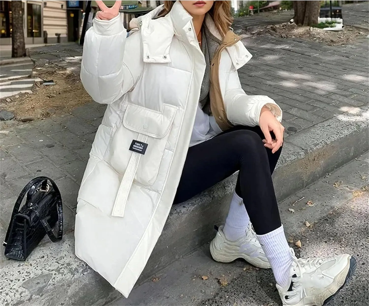 Women's Splicing Zipper Button Long Parka Coat Classic Hooded Pockets Cotton-Padded Jacket