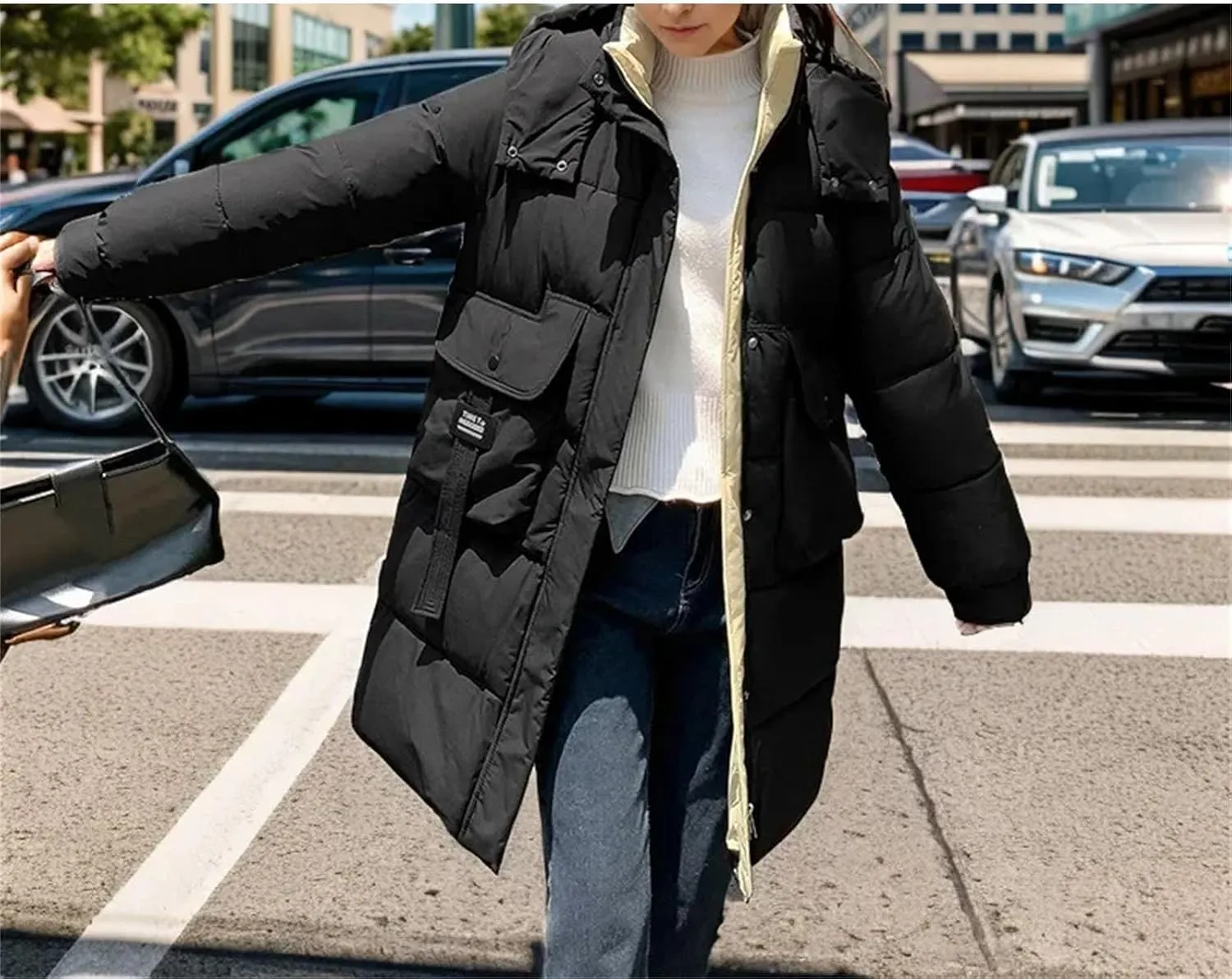 Women's Splicing Zipper Button Long Parka Coat Classic Hooded Pockets Cotton-Padded Jacket