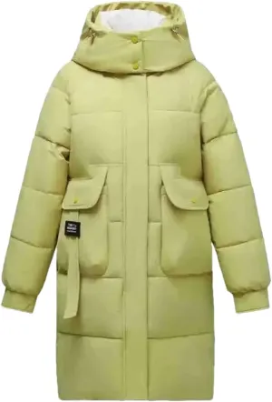 Women's Splicing Zipper Button Long Parka Coat Classic Hooded Pockets Cotton-Padded Jacket