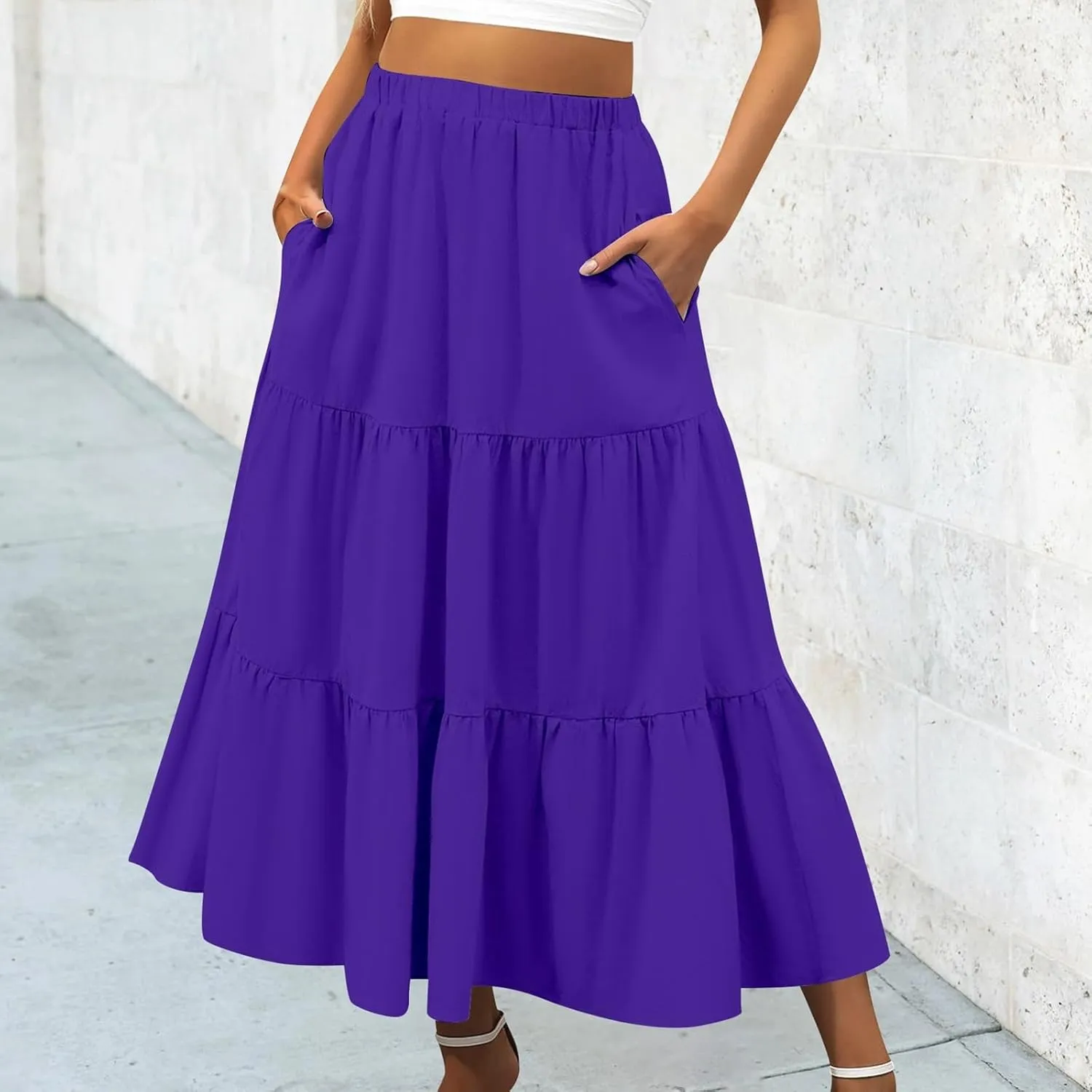 Women's Summer Boho Maxi Skirts Elastic High Waist Pleated A-Line Flowy Ruffle Tiered Long Beach Vacation Skirt