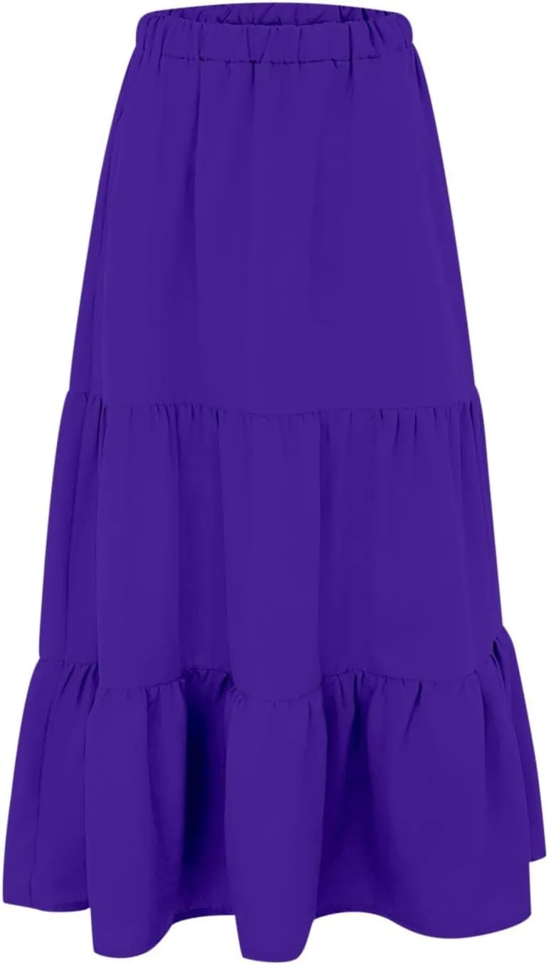 Women's Summer Boho Maxi Skirts Elastic High Waist Pleated A-Line Flowy Ruffle Tiered Long Beach Vacation Skirt