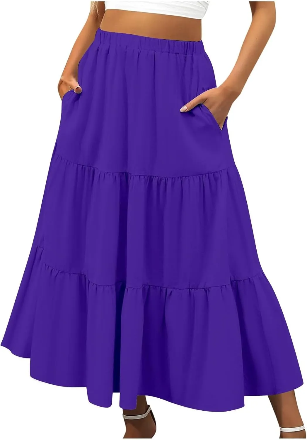 Women's Summer Boho Maxi Skirts Elastic High Waist Pleated A-Line Flowy Ruffle Tiered Long Beach Vacation Skirt