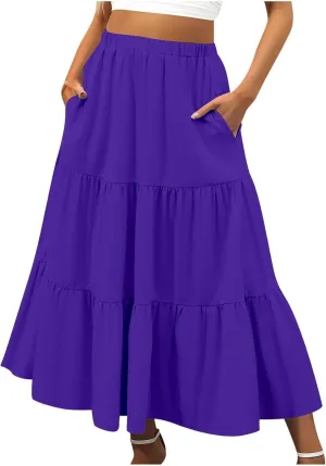 Women's Summer Boho Maxi Skirts Elastic High Waist Pleated A-Line Flowy Ruffle Tiered Long Beach Vacation Skirt