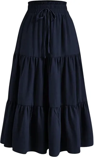 Womens Summer Casual A-Line Long Skirt Tiered High Waist Beach Outfits Elastic Waist Bohemian Print Maxi Skirt