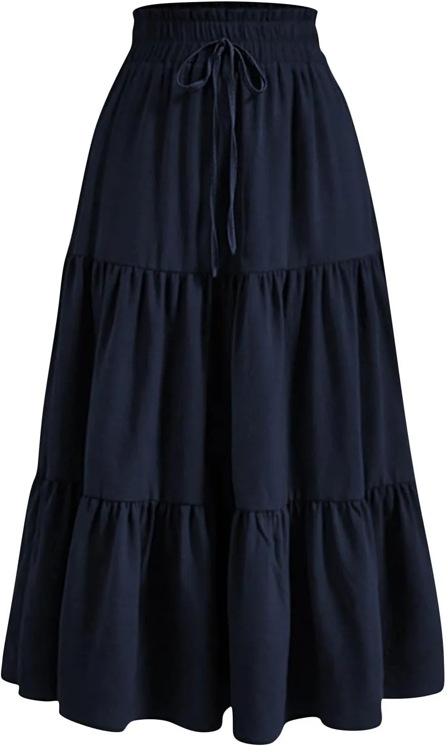 Womens Summer Casual A-Line Long Skirt Tiered High Waist Beach Outfits Elastic Waist Bohemian Print Maxi Skirt