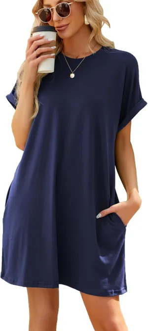 Women's Summer Casual T Shirt Dresses 2025 Short Sleeve Crewneck Loose Fit Mini Dress Beach Vacation Clothes with Pockets