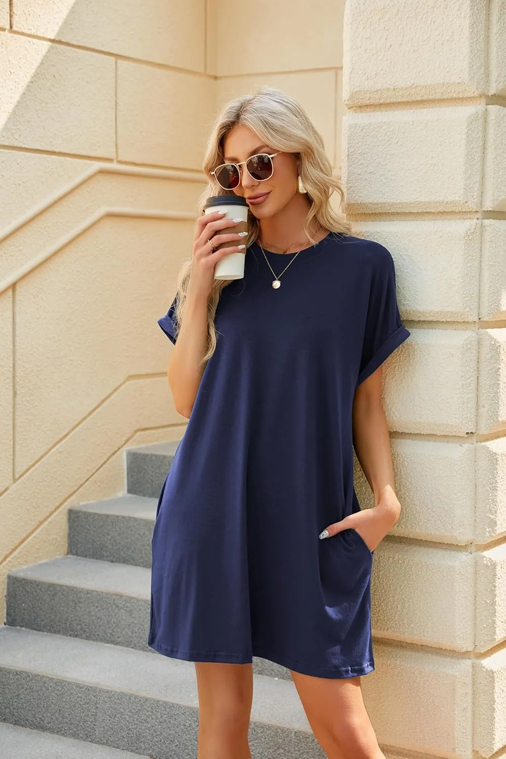 Women's Summer Casual T Shirt Dresses 2025 Short Sleeve Crewneck Loose Fit Mini Dress Beach Vacation Clothes with Pockets