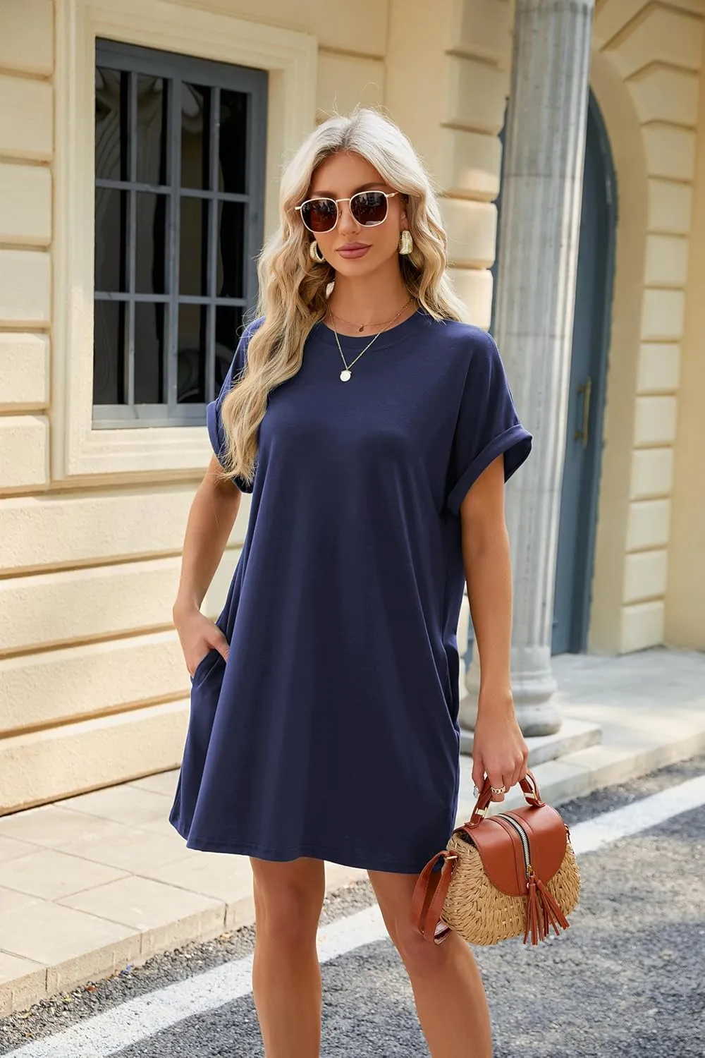 Women's Summer Casual T Shirt Dresses 2025 Short Sleeve Crewneck Loose Fit Mini Dress Beach Vacation Clothes with Pockets