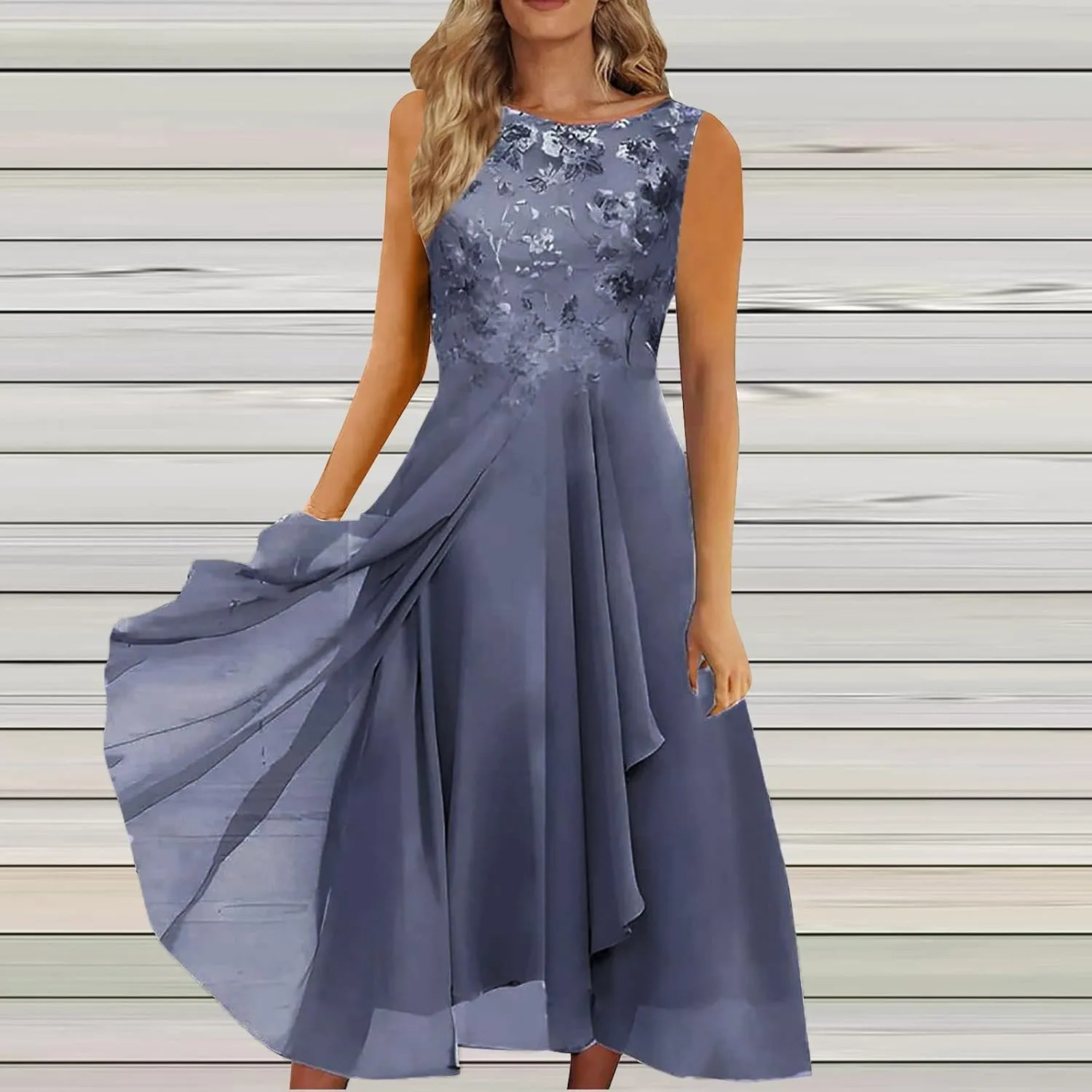 Women's Summer Chiffon Lace Solid Cocktail Dress Short Sleeve Elegant Gown