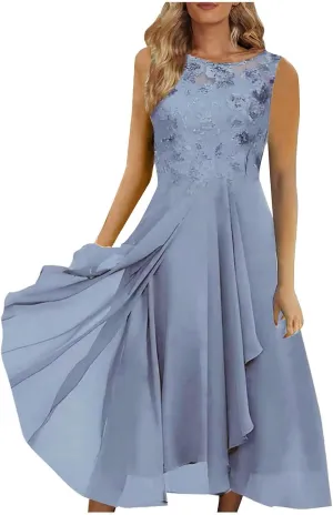 Women's Summer Chiffon Lace Solid Cocktail Dress Short Sleeve Elegant Gown