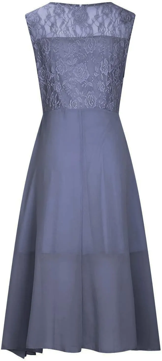 Women's Summer Chiffon Lace Solid Cocktail Dress Short Sleeve Elegant Gown
