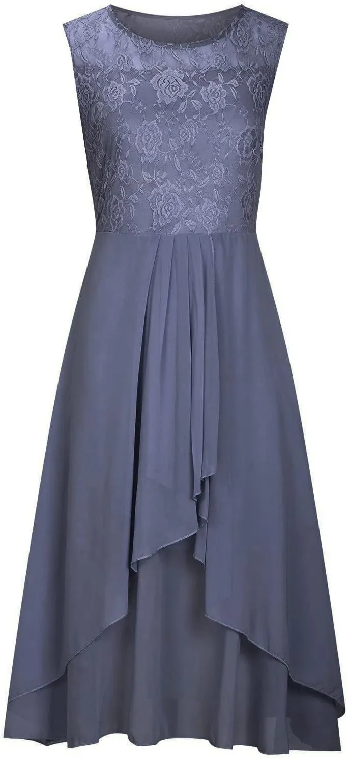 Women's Summer Chiffon Lace Solid Cocktail Dress Short Sleeve Elegant Gown